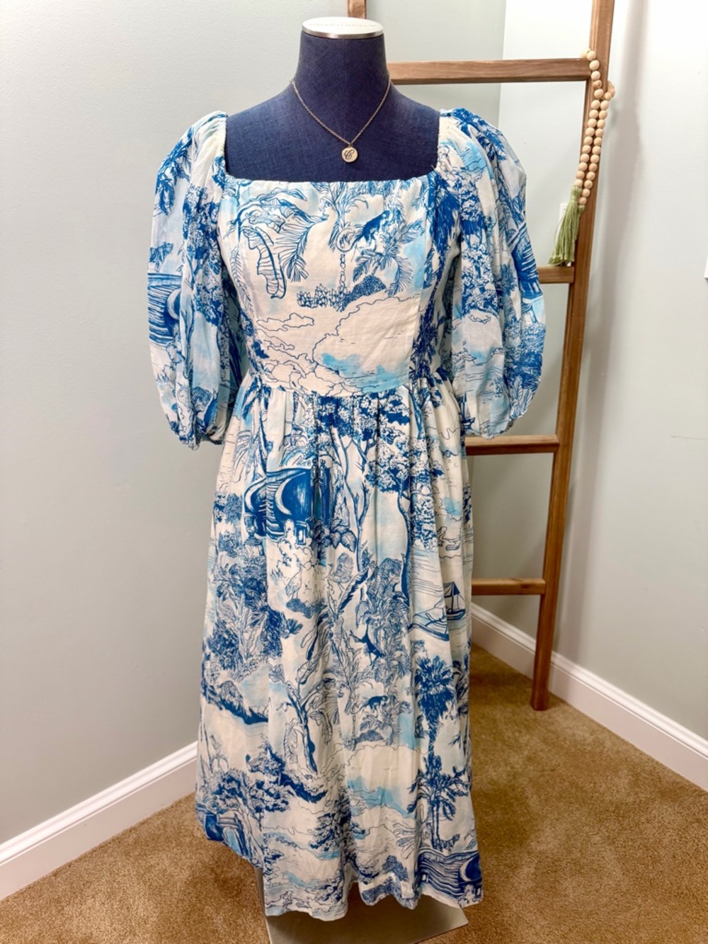 Mestiza Blue White Palm Toile New York Delphine Puff Sleeve Dress Size Large